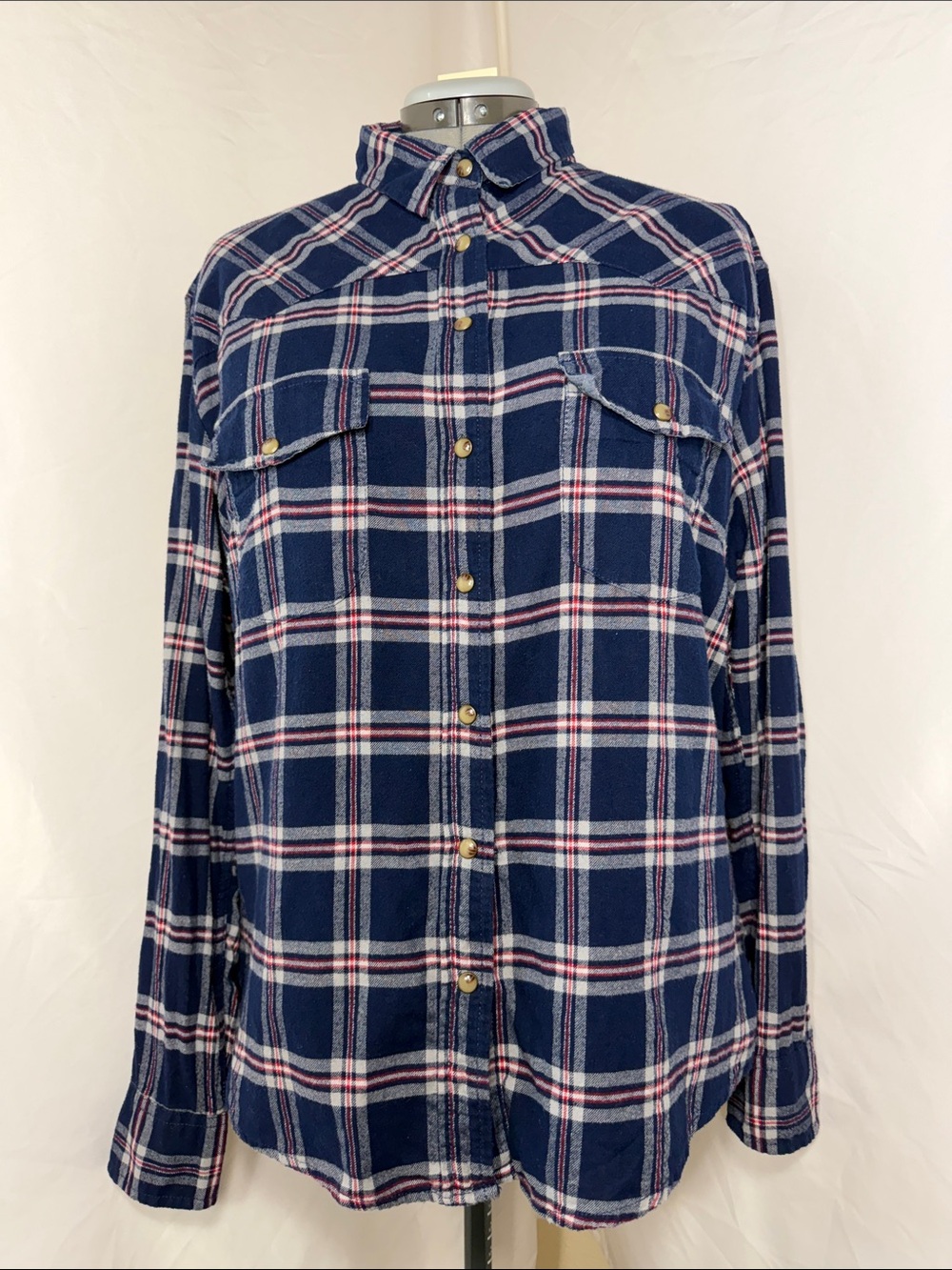 Jacks Girlfriend Navy Plaid Western Pearl Snap Flannel Shirt Paisley XL